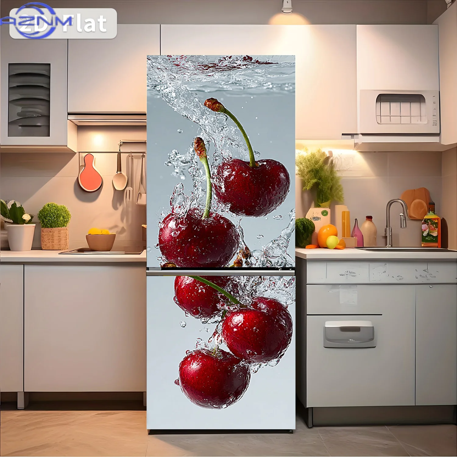 of Refrigerator Sticker, 60×180 Cm, Featuring a Design of Cherries Splashing Into Water, Self-Adhesive Wall Decoration Suitabl
