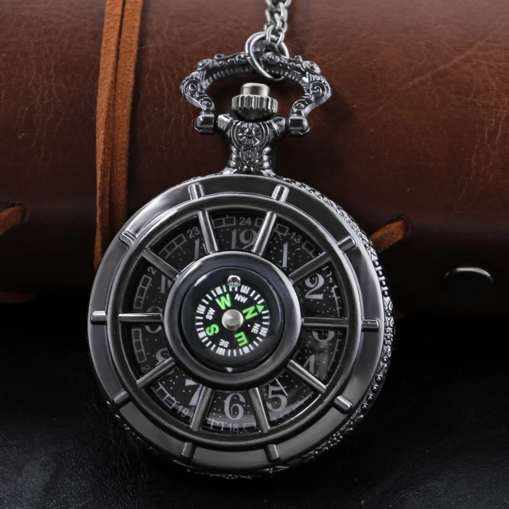 Black Compass Hollow out Quartz Pocket Watch High Quality Unisex Necklace Pendant Jewelry Gift for Men and Women Religio CF1382