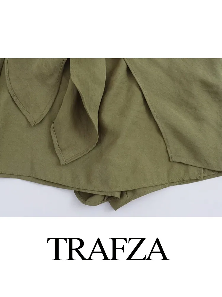 TRAFZA Summer Women's Fashion Green Skirt A-Line High Waist Zipper Mini Skirts Woman Elegant Female Pleated Shorts Streetwear