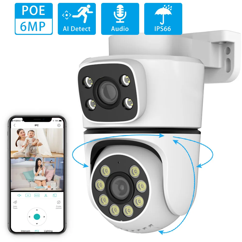 

Камера с двойным объективом 6MP, ptz, совместимая с протоколом ONVIF, двухстороннее аудио, цветное ночное видение, водонепроницаемый двойной экран 2,8 мм + 3,6 мм