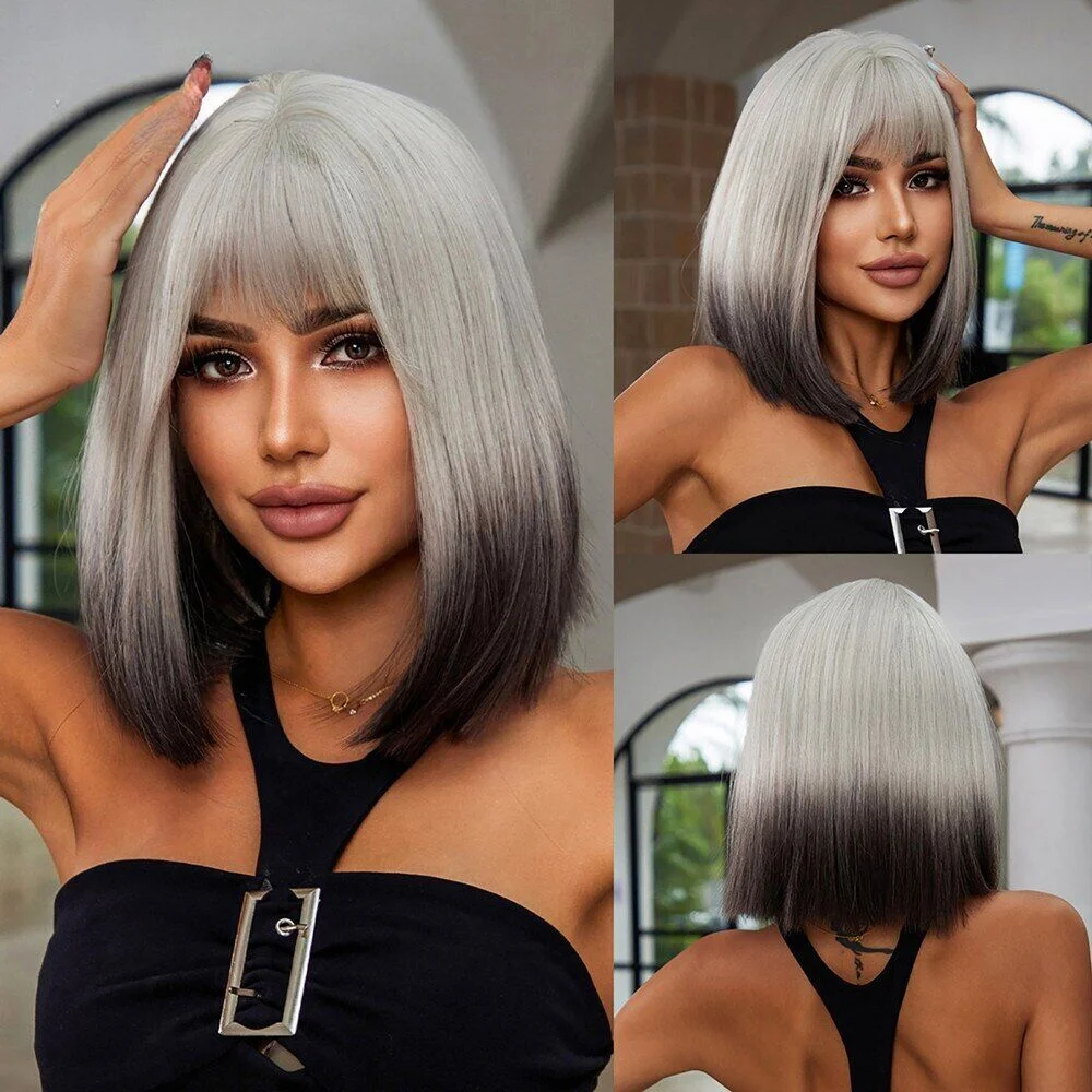 

Short Ombre White Brown Straight Wig Synthetic Bob Wigs with Bangs