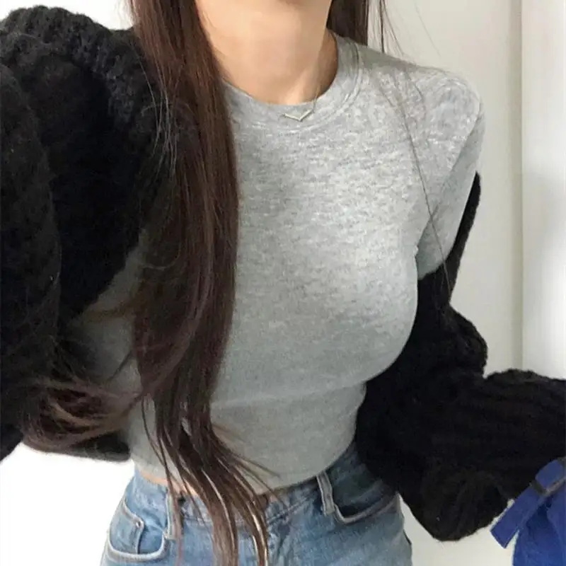 كم طويل عادية المحاصيل القمم المرأة الأساسية تي شيرت الربيع س الرقبة امرأة الصلبة سليم المحملة Y2k الملابس مثير رقيقة انظر من خلال تي شيرت #3