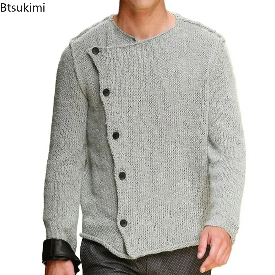 2024 Men's Streetwear Irregular Buttoned Design Sweater Cardigans Autumn Winter Solid Long Sleeve Knitted Cardigans Men Clothing