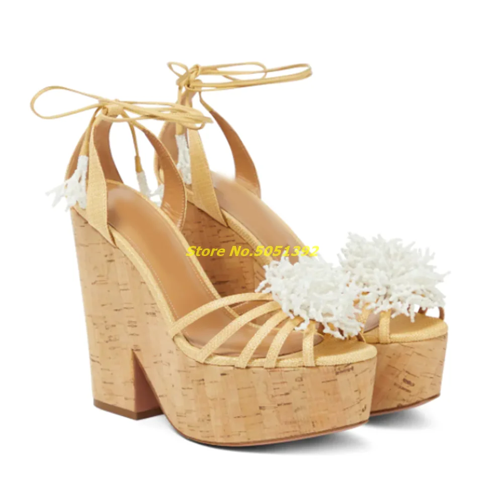 Platform Wooden Heel Sandals Nude White Tassel Flower Lace Up Runway Fashion Women Shoes Round Toe Block Heel Rome Summer Shoes