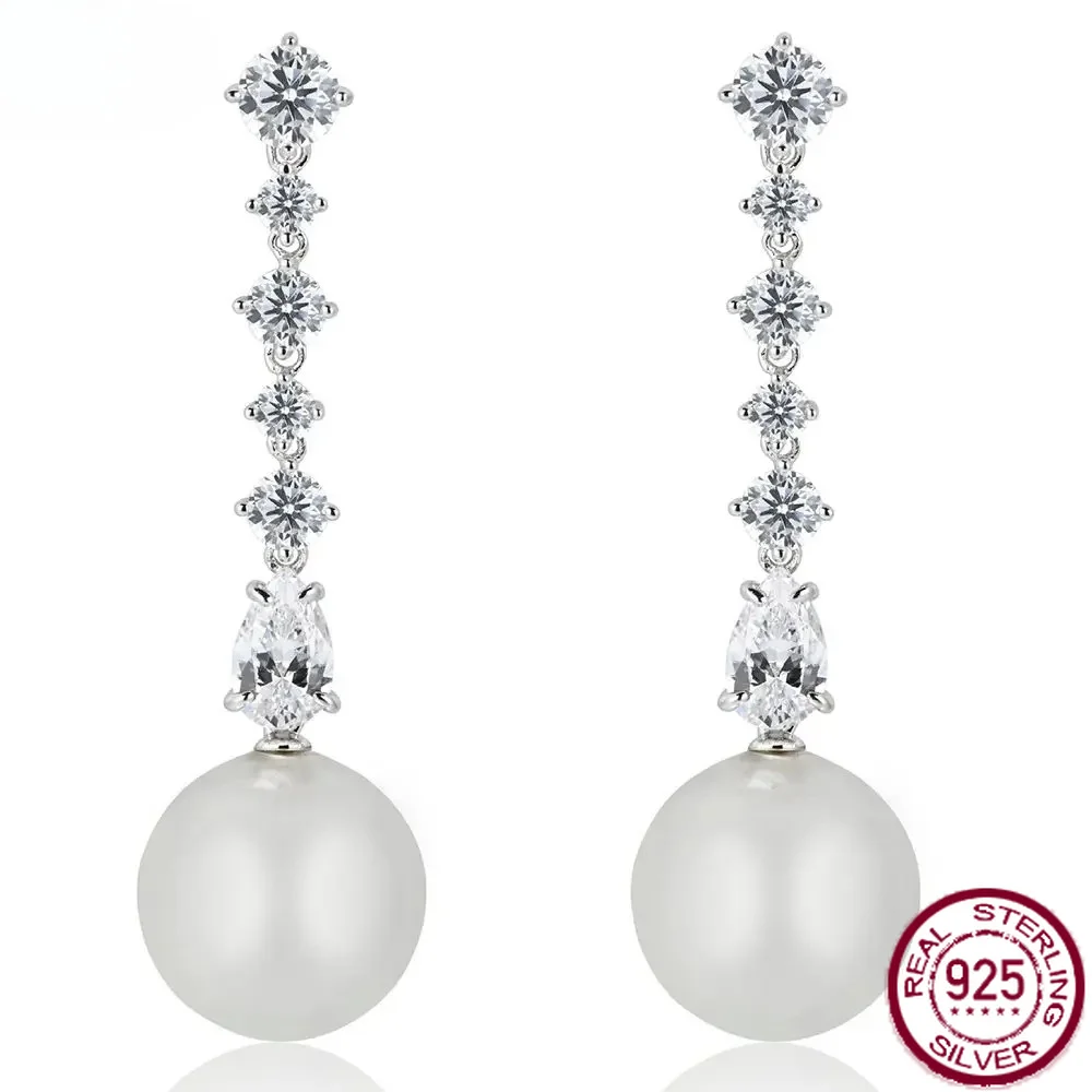 Yaranyan 100% 925 Sterling Silver Pearl High Carbon Diamonds Gemstone Wedding Engagement Drop Dangle Earrings Fine Jewelry