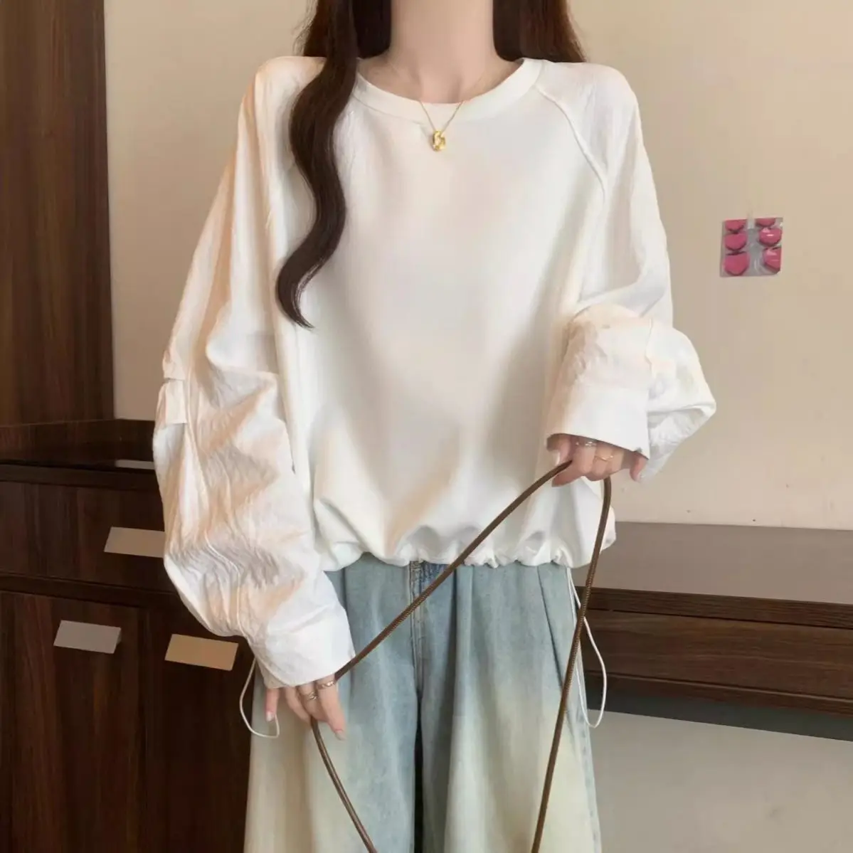 Women Crew Neck Drawstring Long Sleeve Sweatshirt Irregular Hem Fall Top Aesthetic Casual Loose