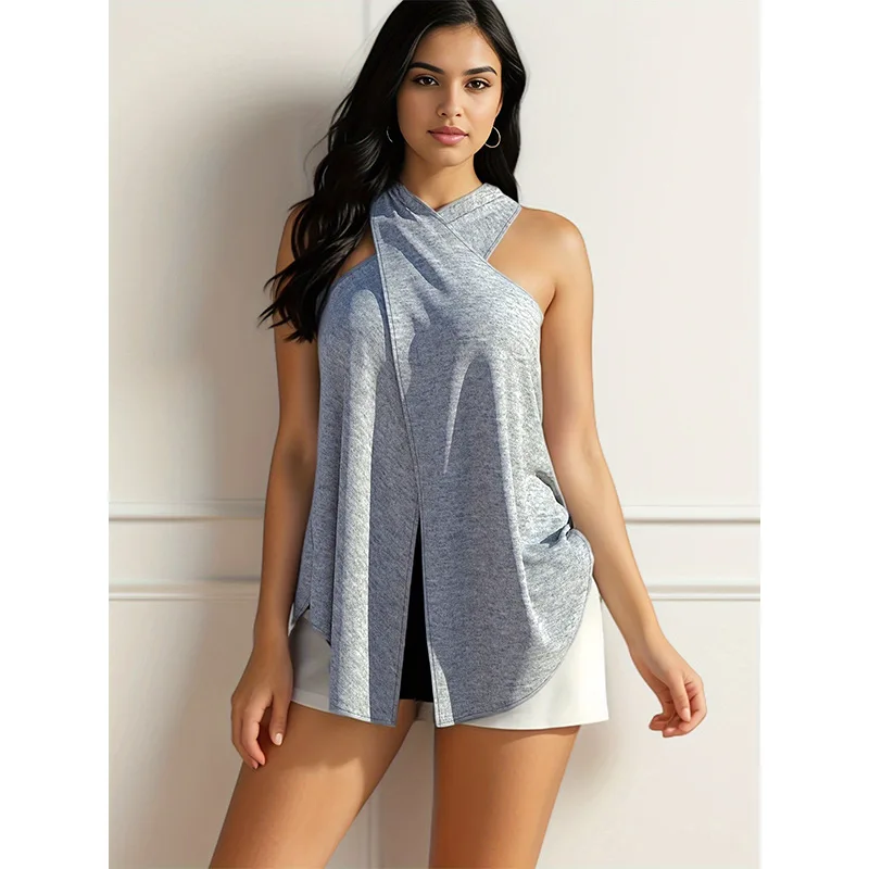 Plus-size European and American-style cross-over strapless top with a flared hem, loose-fitting and slimming casual vest image 4
