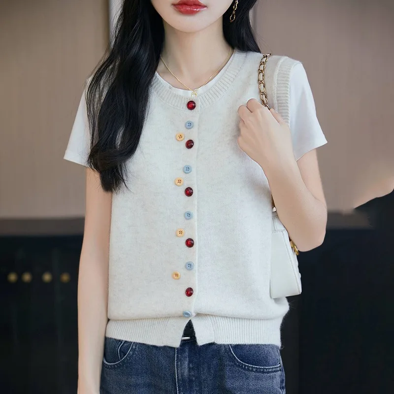 Women V Neck Color Buttons Knit Vest Solid Soft Fleece Loose Sleeveless Waistcoat Top