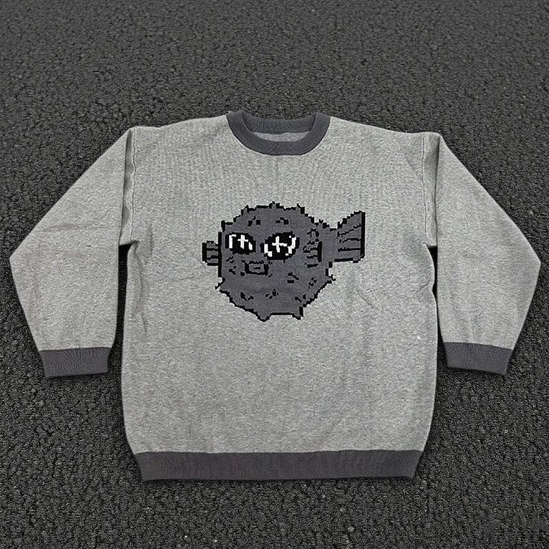 New autumn and winter unisex Y2K streetwear pixel pattern knitted sweater cute fish print windproof and warm sweater