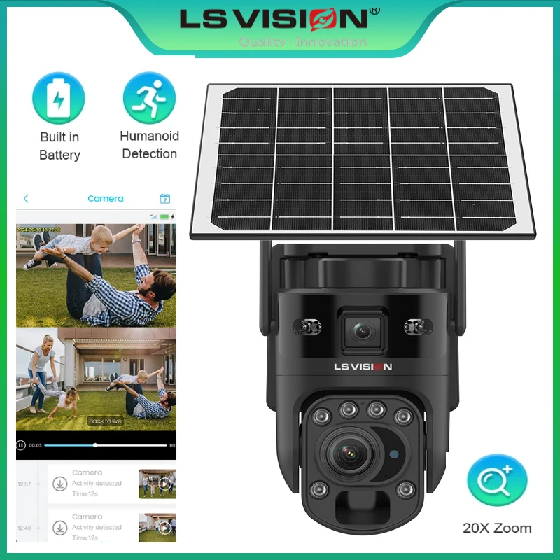 LS VISION 20X Optical Zoom Dual Screen 4g SIM Outdoor Solar Surveillance Camera Wifi Camera Solar Power CCTV Camera UBOX