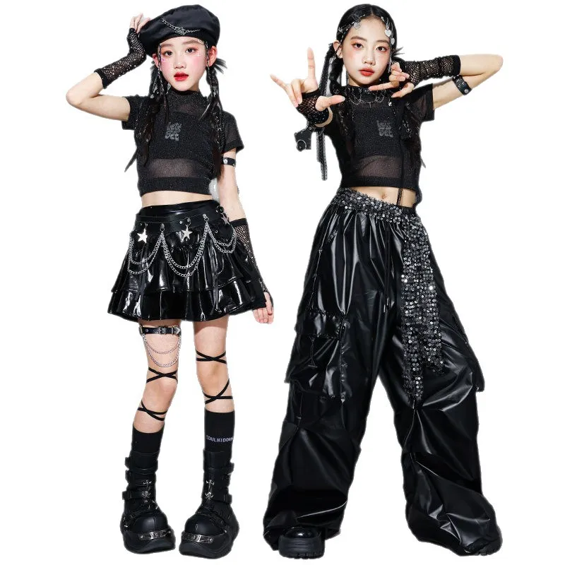Girls K-pop Cool Shiny Crop Top Skirt Street Dance Cargo Pants Costume Kids Hip Hop Jazz Girl Group Clothes Set Child Streetwear