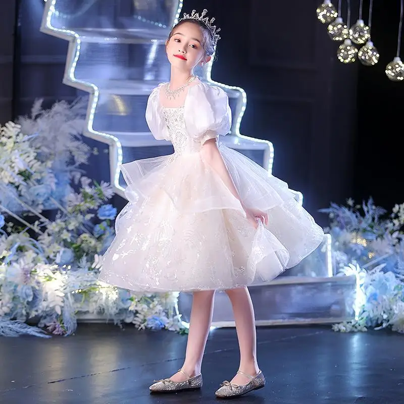 

Girl's White Birthday Banquet Dress Birthday High end Wedding Little Princess Dress Girl's Host Girl's Piano Performance Dress