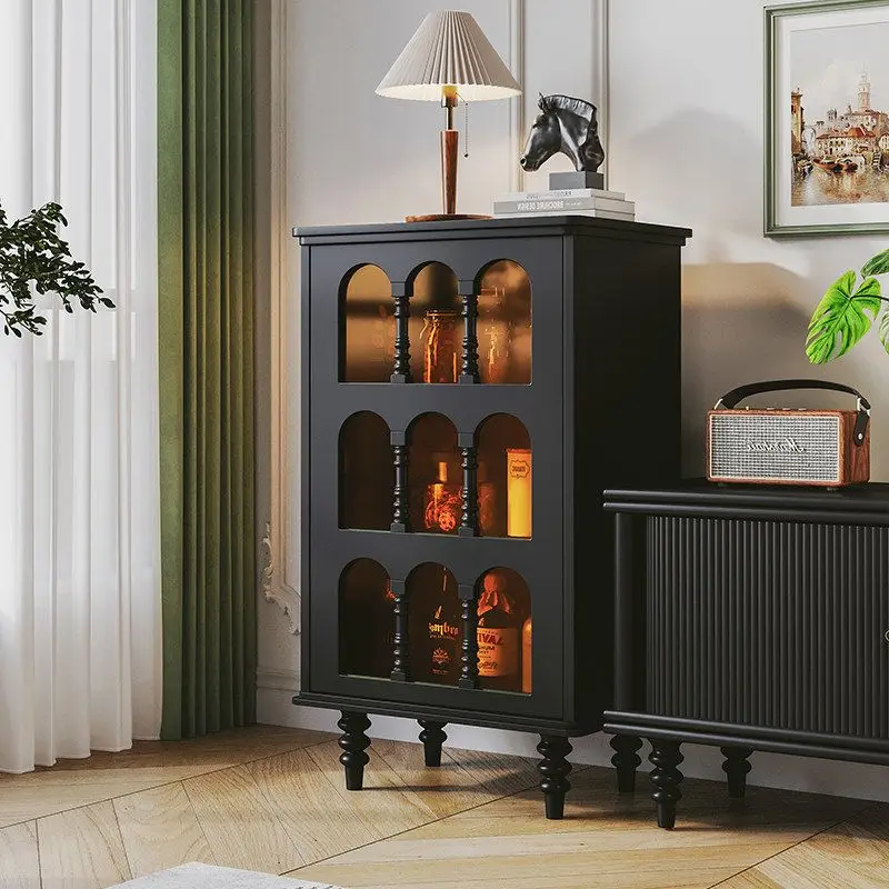 Medieval retro solid wood side cabinet, French living room display cabinet, suitable for small apartment sofa storage space