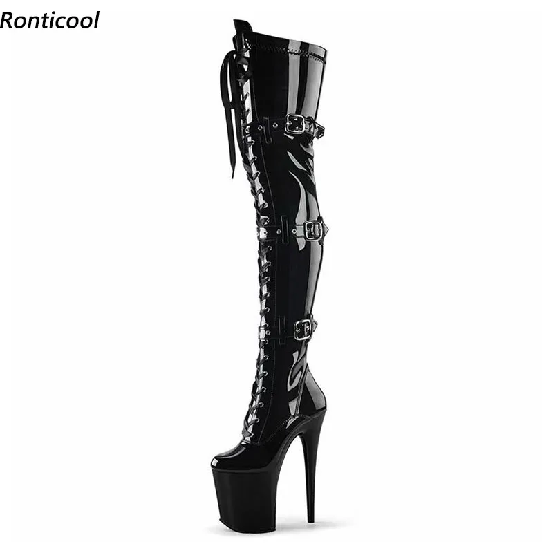 

Ronticool Real Photos Women Spring Platform Thigh Boots Side Zipper Stiletto Heels Round Toe Black Cosplay Shoes Us Size 6-12