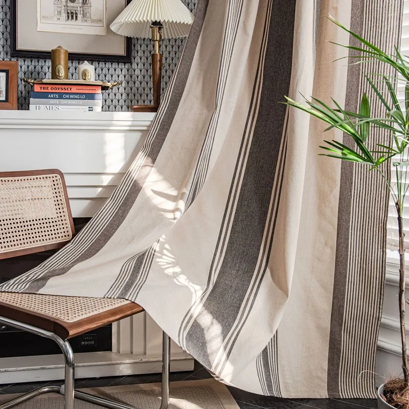Home Life Yarn-dyed Striped Coffee American Style Kitchen Window Curtain Cotton Linen Semi-shading Living Room Bedroom Curtain