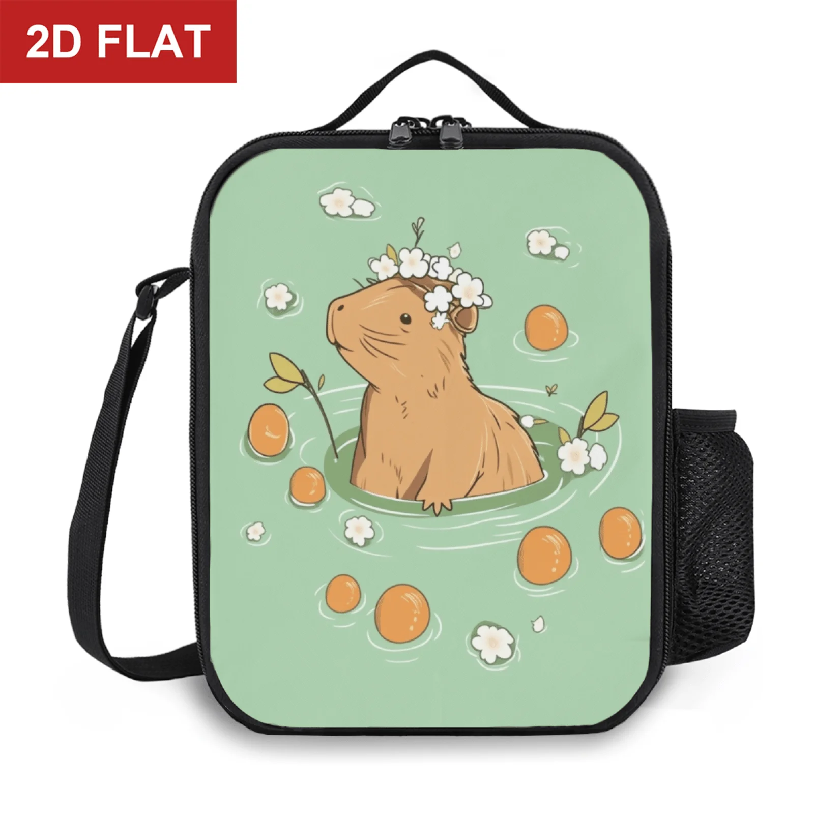 Mint Green Capybara Bathing Orange Flower Wreath Insulated Lunch Bag Tote for Outdoor Picnic Multifunction Food Box