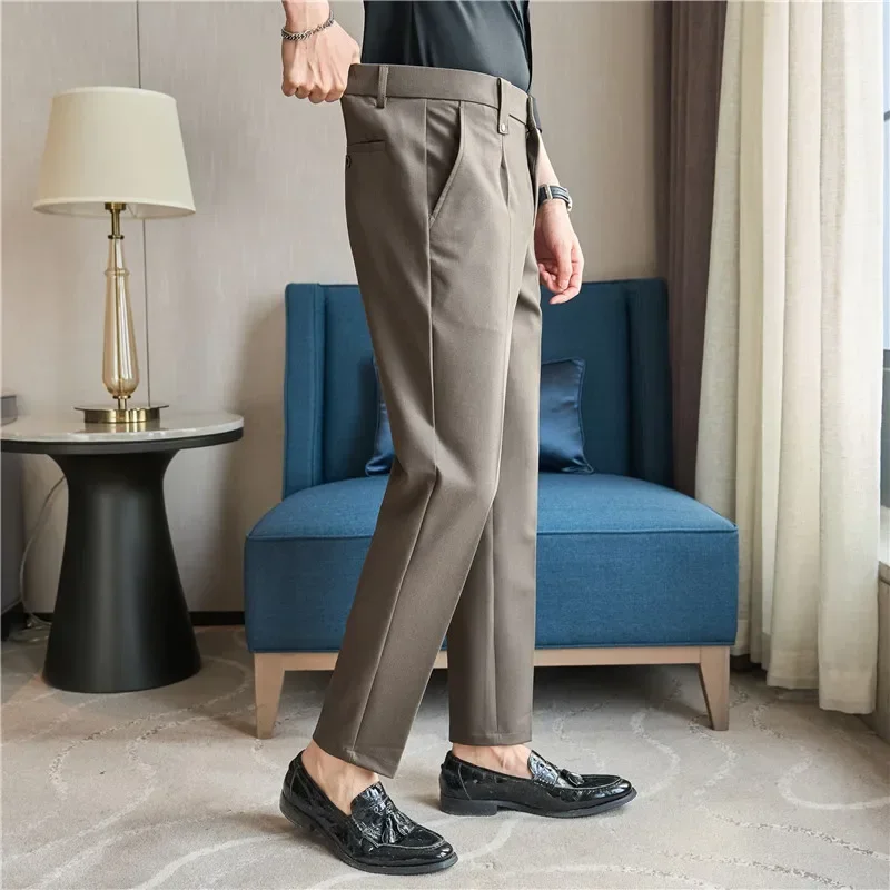 Men High Quality Business Casual Suit Pants Pure Fashion High Street Solid Color Office Social Slim Fit Elastic Waist Pants28-40