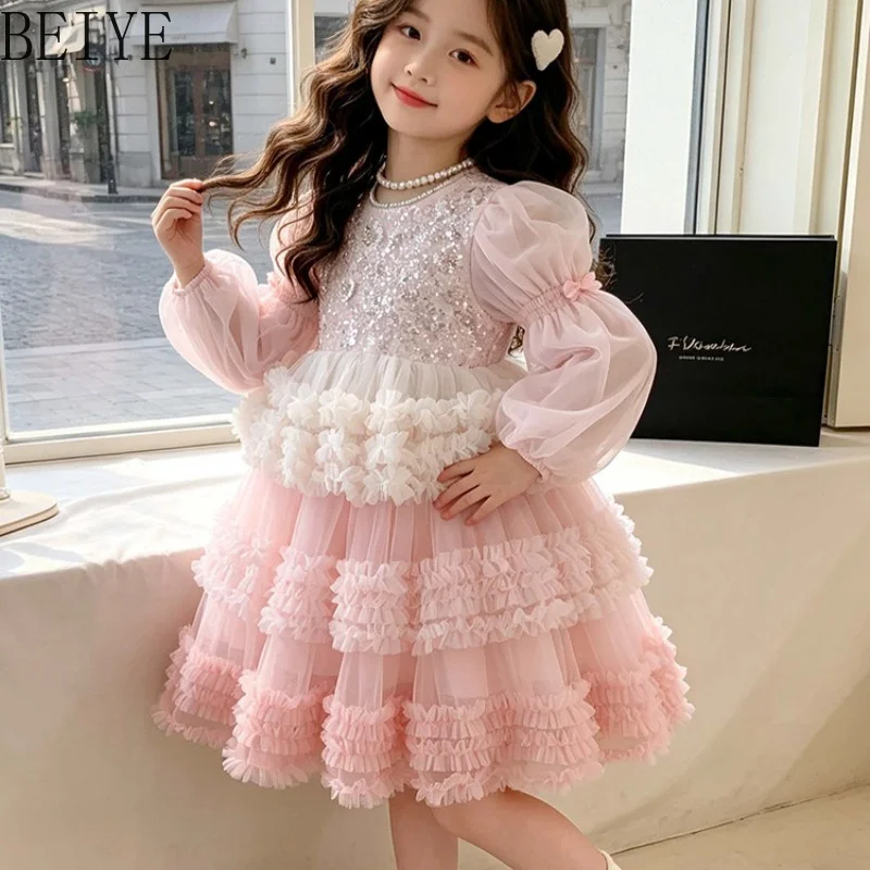 Heavy Industry Puff Mesh Cake Dress Girls Autumn New Pink Lolita Party Dress Children's Princess Long Sleeve Birthday Dress