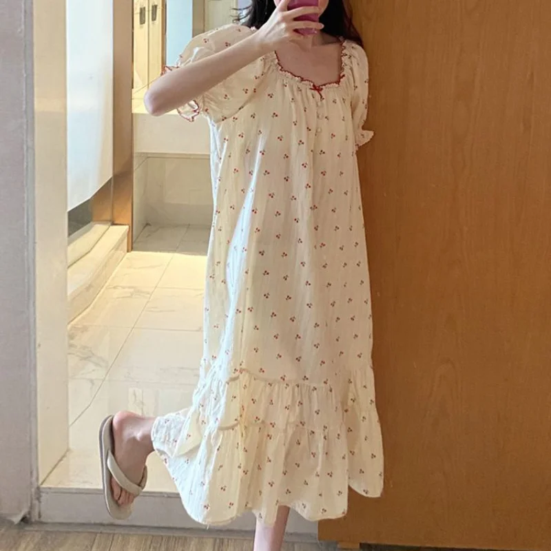 Cherry Nightgown Sleepwear Women Korean Summer One Piece Pajamas Dress Ruffle Short Sleeve Cute Night Sleeping Bow Home Wear New