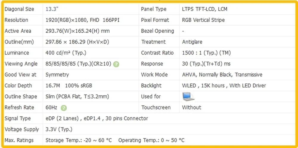 13.3 inch for Dell XPS 13 9305 P82G P82G004 Laptop Display No-touch LCD Screen Slim Panel IPS 4K EDP 30pins 60Hz