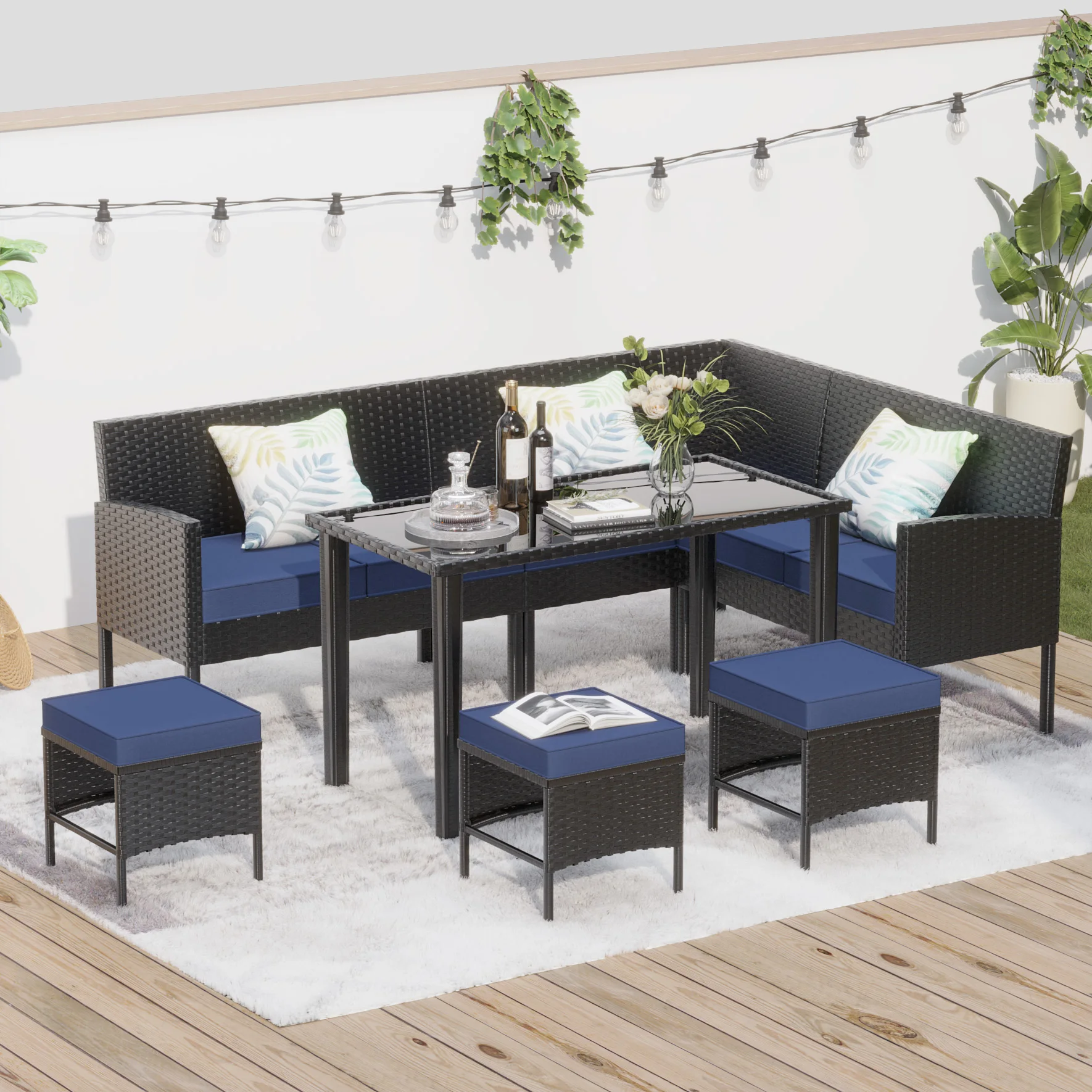 

7-Piece Outdoor Dining Set, Waterproof Cushions & Glass Table, Compact Patio Furniture for Backyard/Garden/Terrace,Dark blue