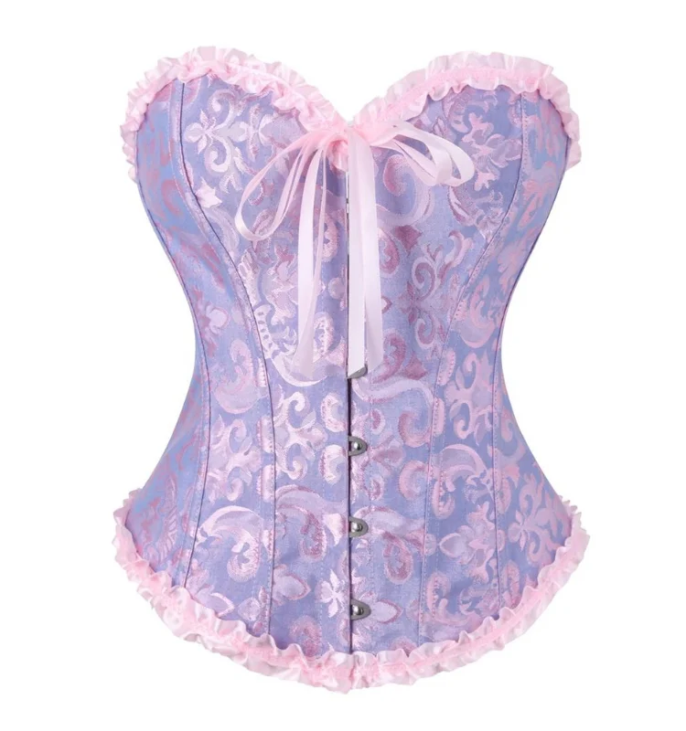 Damen-Overbust-Korsett, Vintage-Jacquard, Rüschen, Schleife vorne, Busk hinten, Schnürung, Taillenformer, Freizeit-, Party- und Alltagskleidung – Detail 26