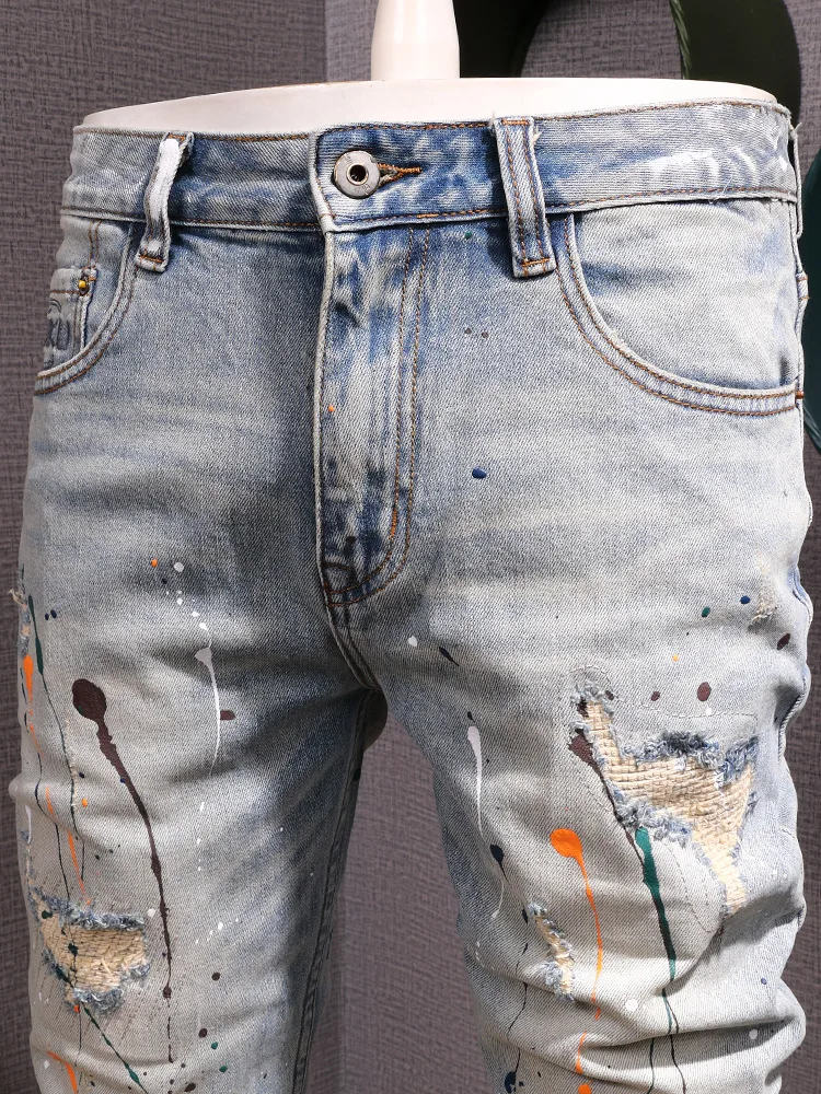 

High-End Heavy Industry Retro Paint Print Jeans Men's Street Graffiti Stretch Ripped Patch Skinny Pants