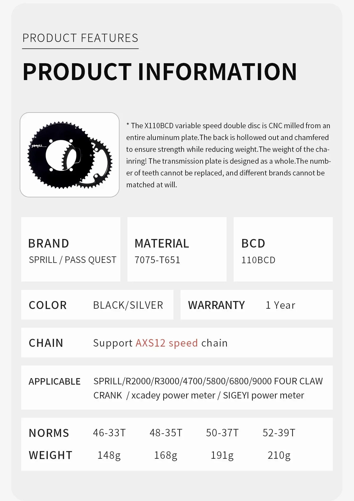 PASS QUEST X110BCD Chainrings only supports AXS 12 speed chains Bicycle Accessories