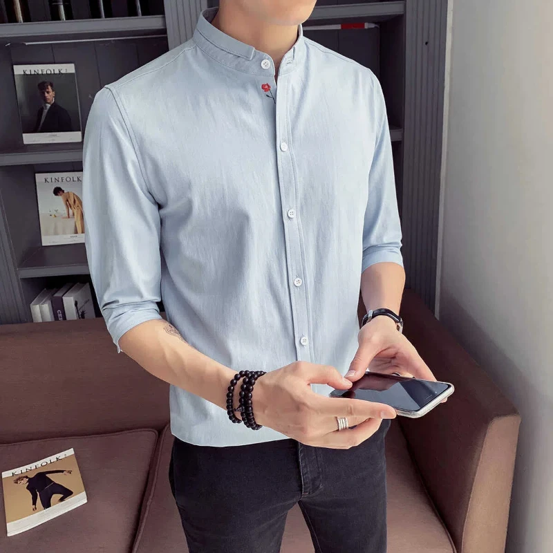 Men\'s Youth Trend 2024 New Summer Patchwork Stand Collar Button Fashion Solid Slim Minimalist Casual Seven Quarter Sleeve Shirts