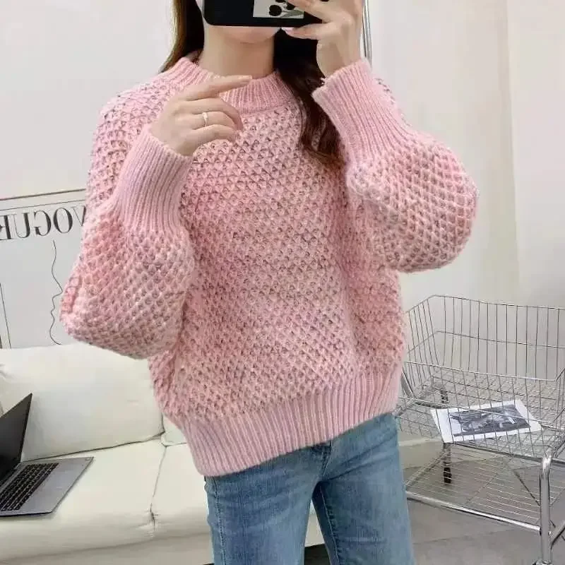 ラウンドネックのボトムスセーター、ゆったりとした着心地で、厚手のランタンスリーブセーター、新しいプルオーバー