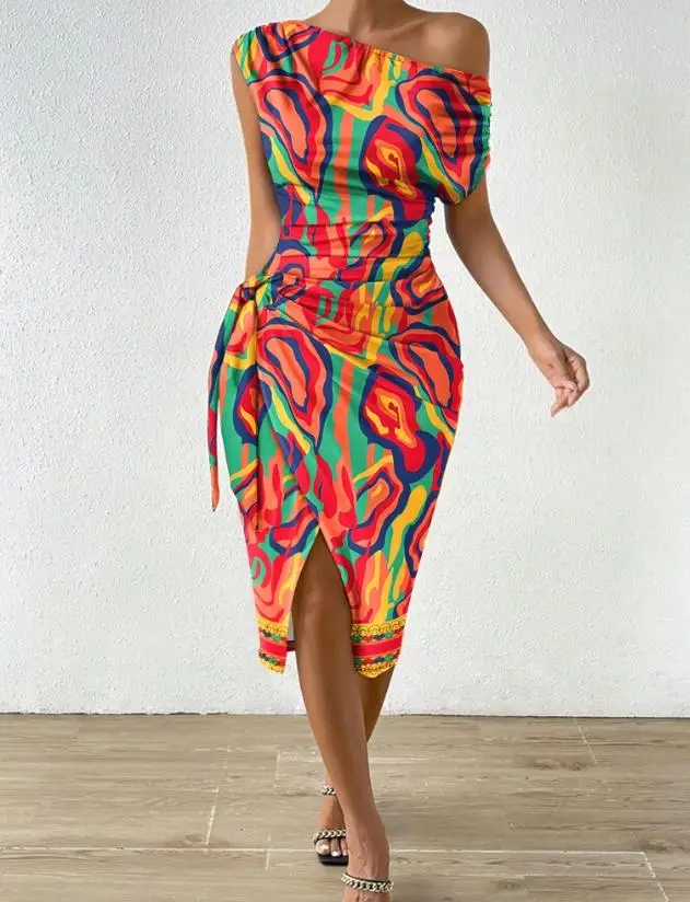 Womens Dresses 2023 Summer Fashion Multi-Color Abstract Print Tied Detail Skew Neck Short Sleeve Sexy Slit Party Wrap Dress