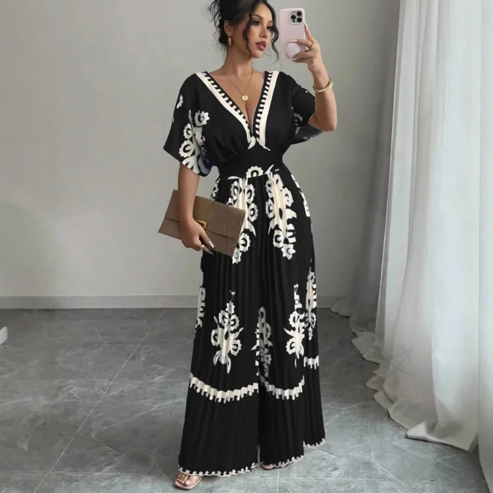 

Summer New Fashion Women's Jumpsuits High Waist Casual V Neck Half Sleeve Splicing Printed Waist Cinching Straight Jumpsuit