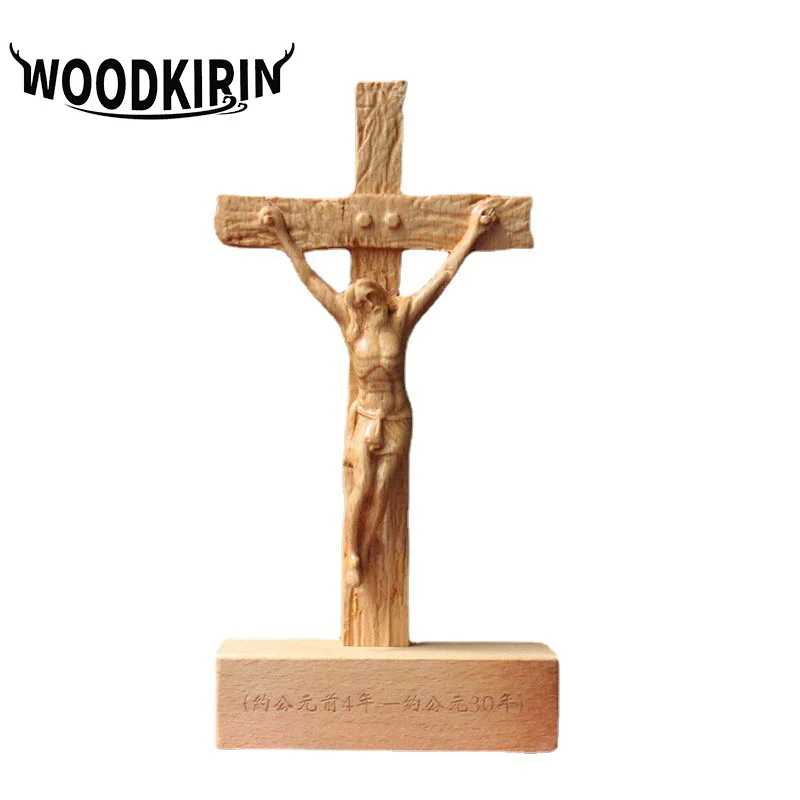 Solid Wood Catholic Jesus The Savior Figure Statue Hand-Carved Holy Land Tabletop Jesus Crucifixion Cross Home Church Decoration