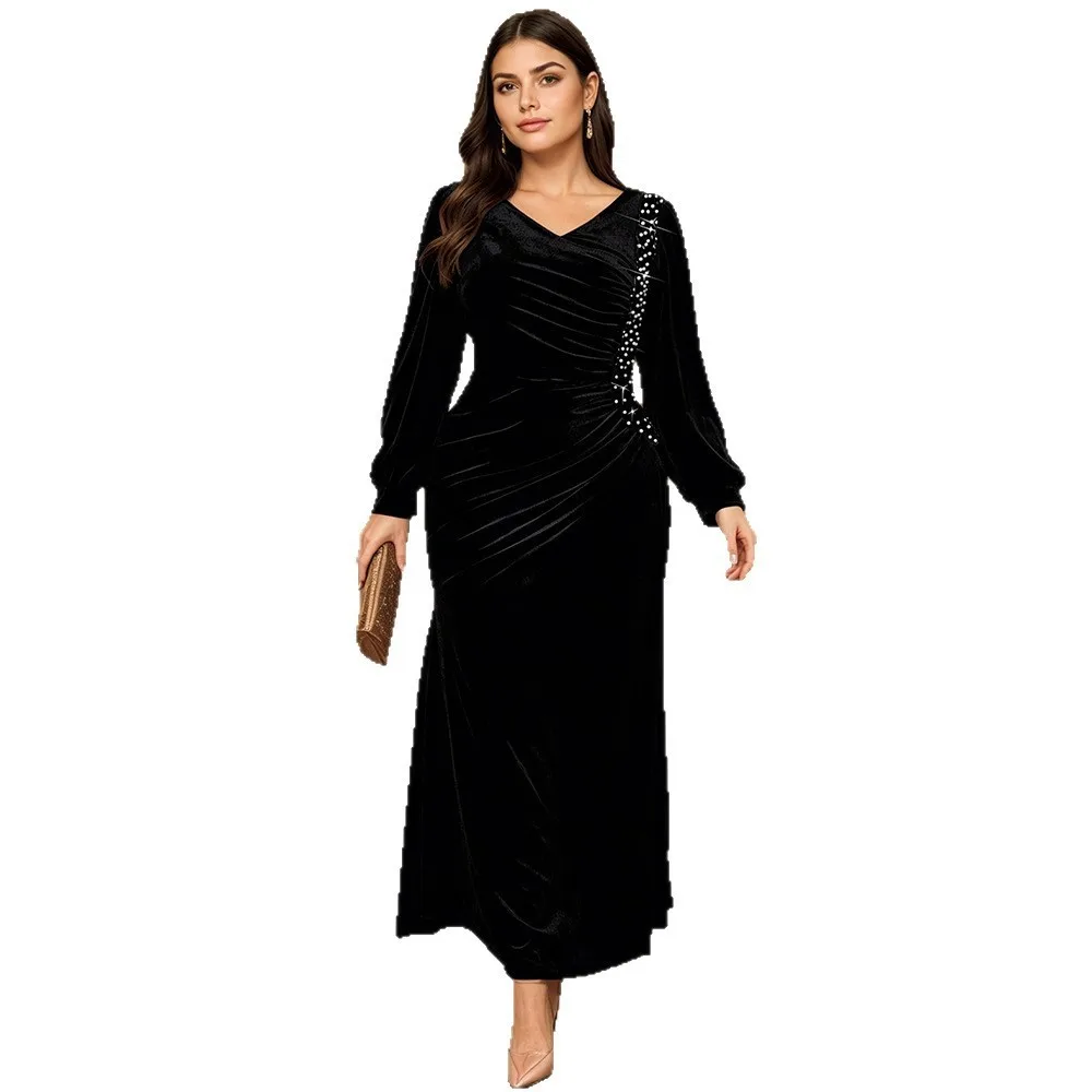 V Neck Long Dress Mermaid Silhouette Elegant with Lantern Sleeve Back Zipper Rhinestone Detail Maxi Length Autumn for Women