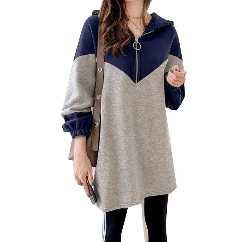 Fashion Patchwork Hoodies Sweatshirts Spring Autumn Long Sleeve Thin Contrast Mid-length Pullovers Casual Trend Women Clothing