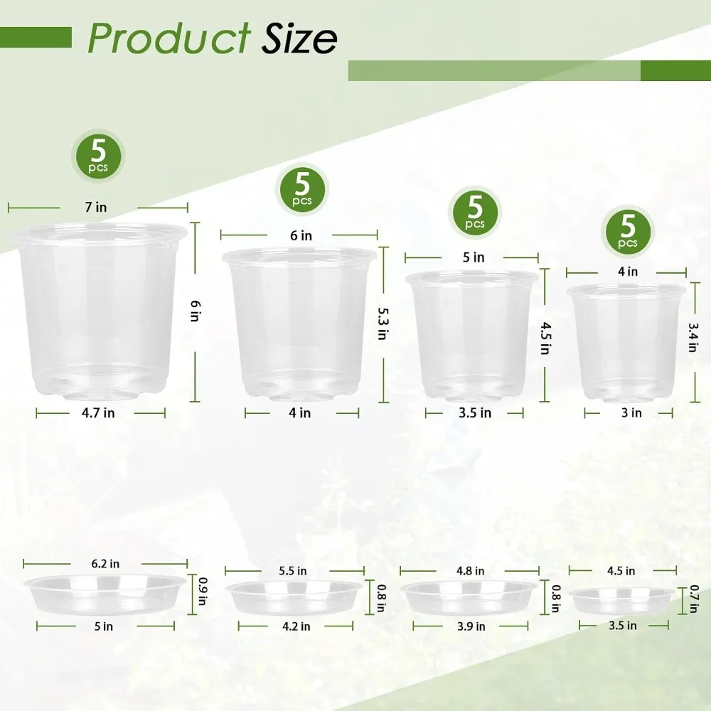 4/5/6/7 Inch Clear Nursery Pots with Saucers, 20 Pack Plastic Flower Pots with Drainage Holes for Indoor Outdoor Plants