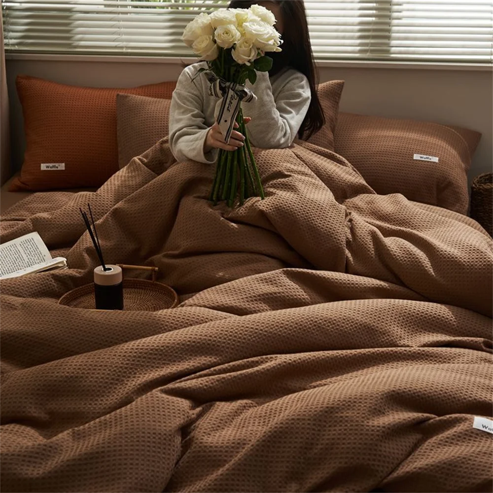 High Beauty Minimalist Style Pure Color Waffle Cotton Bedding Set Duvet Cover Bedsheet Pillowcase Quilt Cover