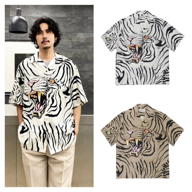 

Vintage Shirt Cloud Tiger Print Full Print WACKO MARIA Shirt Hawaii Short Sleeve Shirt Summer Men's Women's Branded Clothing