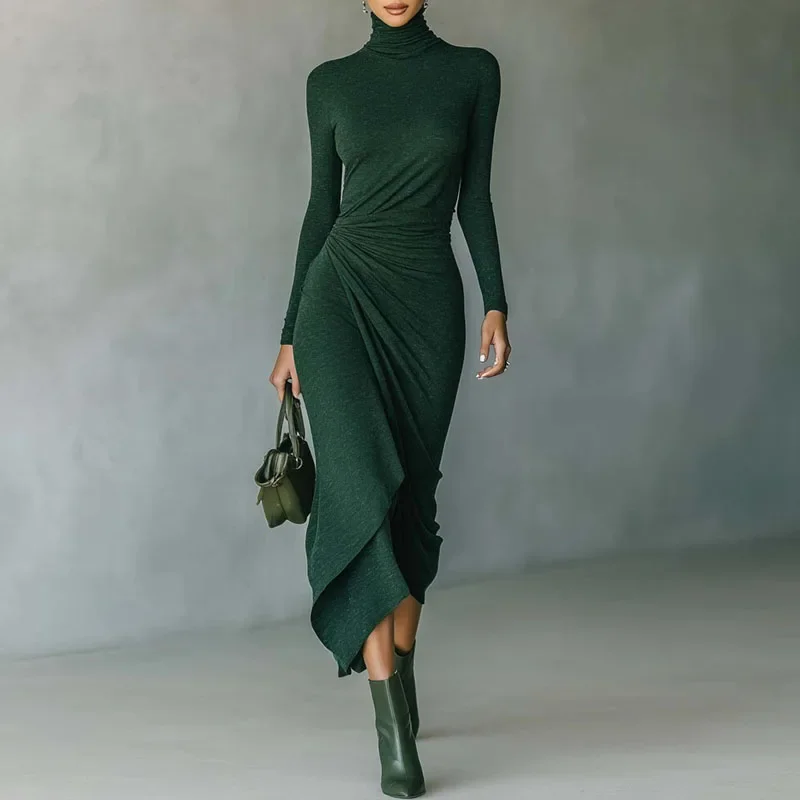 Spring Casual Turtleneck Slim Irregular Dress Woman Elegant Solid Draped Long Dress New Autumn Long Sleeve Femme Boho Dress