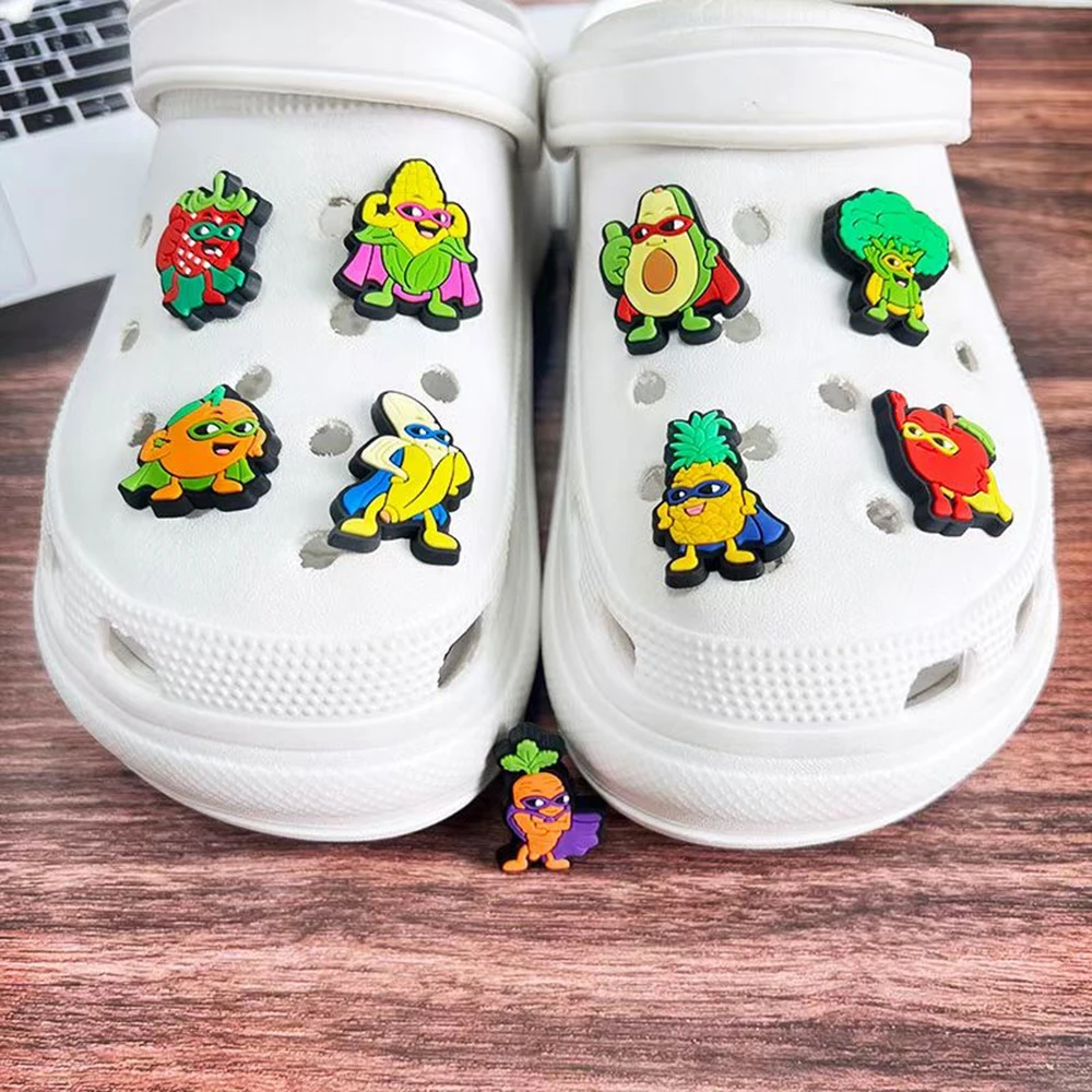 1-9pcs fruit and vegetable cartoon Shoes Charms Accessories Fit Clog Backapck Wristbands Shoe Decorate Buckle Kids Gift