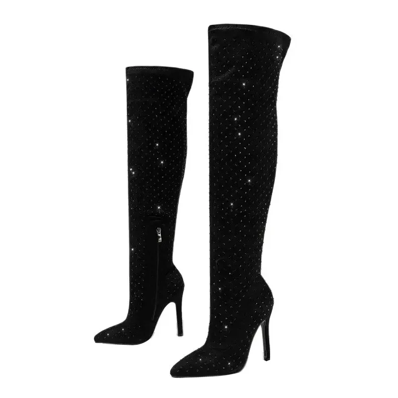 Veyke-Cuissardes zippées pour femmes, bottes chaussettes hautes, biscuits rouges, tissu commandé, Parker pointu, talons aiguilles, sur le genou, chaussures longues, mode