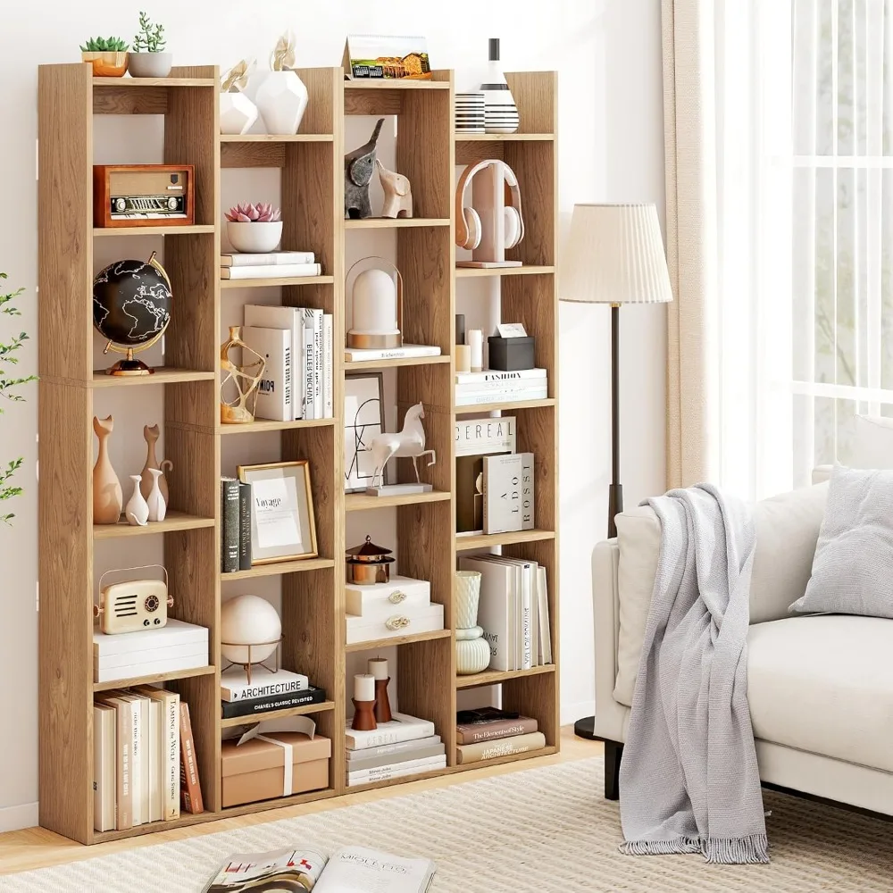 

64" Bookcase Set of 2, Modern Bookshelf with 12 Staggered Shelves, Wood Display Shelf W/Anti-Tipping Kits, Customized