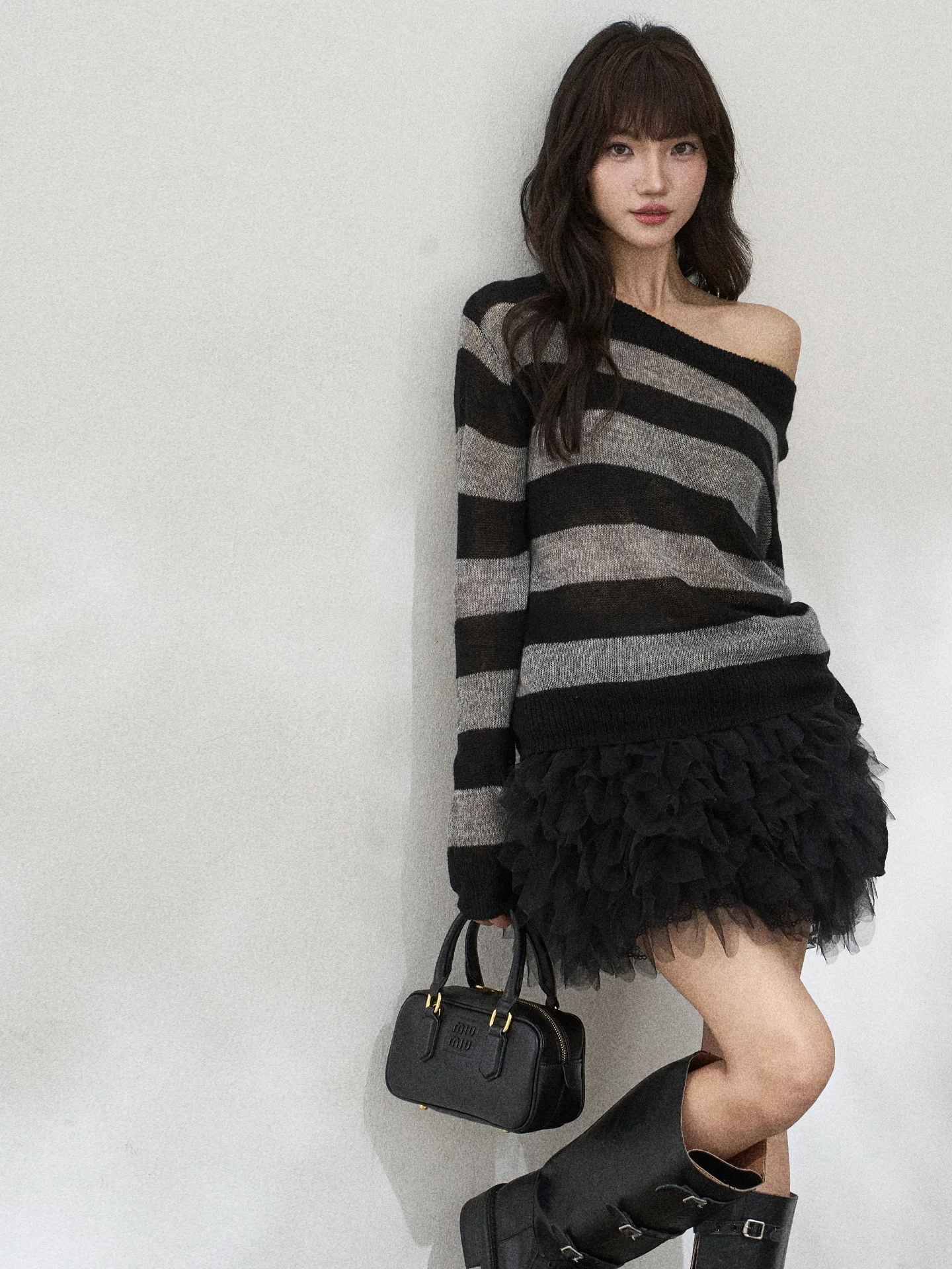 

Lazy Sle Diagonal oulder Striped Knitwear Women's Top Spring Faion Korean Loose Fit Long Sve One-oulder Sweater