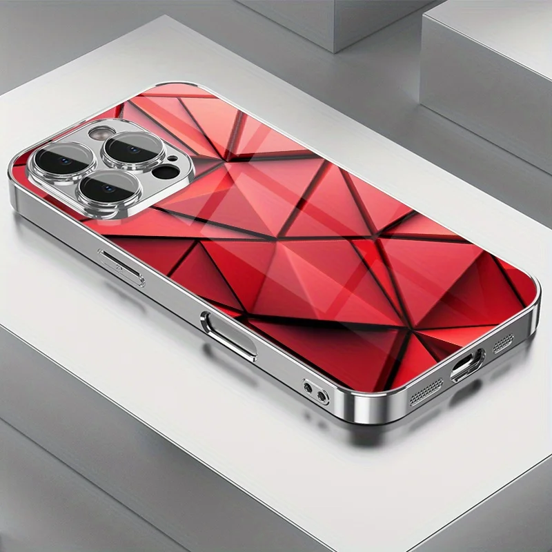 Stylish  Faceted Diamond Hard Case for iPhone,Vivid Red Triangle Geometric Print,Smooth Gloss Surface Anti‑Scratch Phone Cover