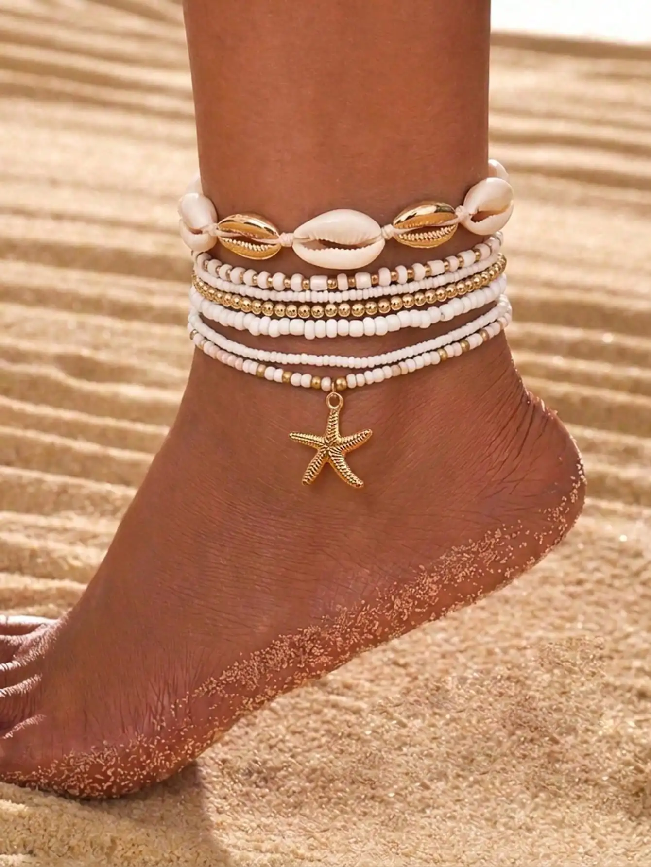 

7pcs Bohemian Style Beachy Sea Star, Shell And Rice Bead Elastic Anklet Set, Summer