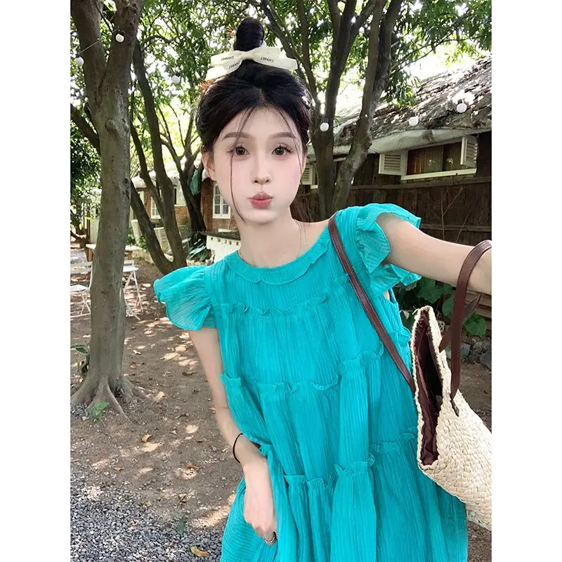 Robe Femme Temperament Pleated Loose Flying Sleeve Dress for Women Summer 2024 Doll Hotsweet Y2k Beach Maxi Vestidos