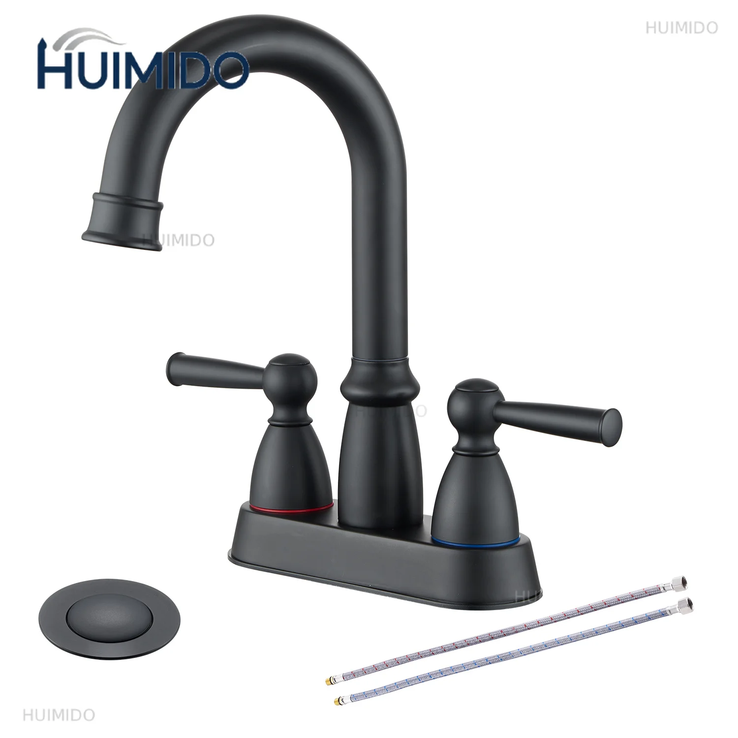 Bathroom sink faucet, two-handle high-arc 360 ° rotating brass center matte black sink faucet with pop-up drain