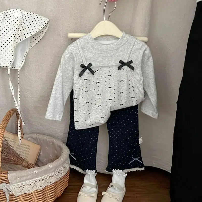 

2025 Autumn New Baby Girl Clothes Set Cute Girls Bow Shirts Cute Toddler Girl Flared Trousers Suit Long Sleeve Children Clothing
