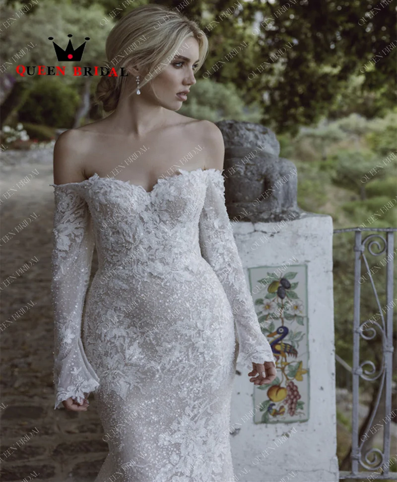 Suknia ślubna syrenka z długim rękawem 2024 Off Shoulder Sweetheart aplikacje koronkowe cekinami suknia Birdal Vestidos De Novia niestandardowe Y15X