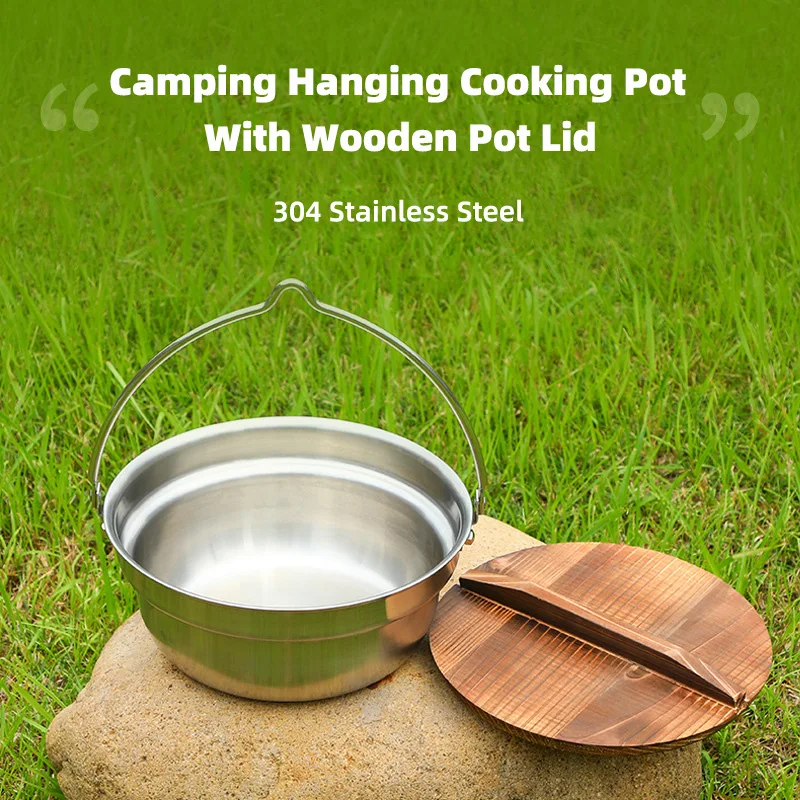 

Camping Hanging Cooking Pot With Wooden Pot Lid 304 Stainless Steel Outdoor Portable Hanging Cooking Saucepan Outdoor Cookware